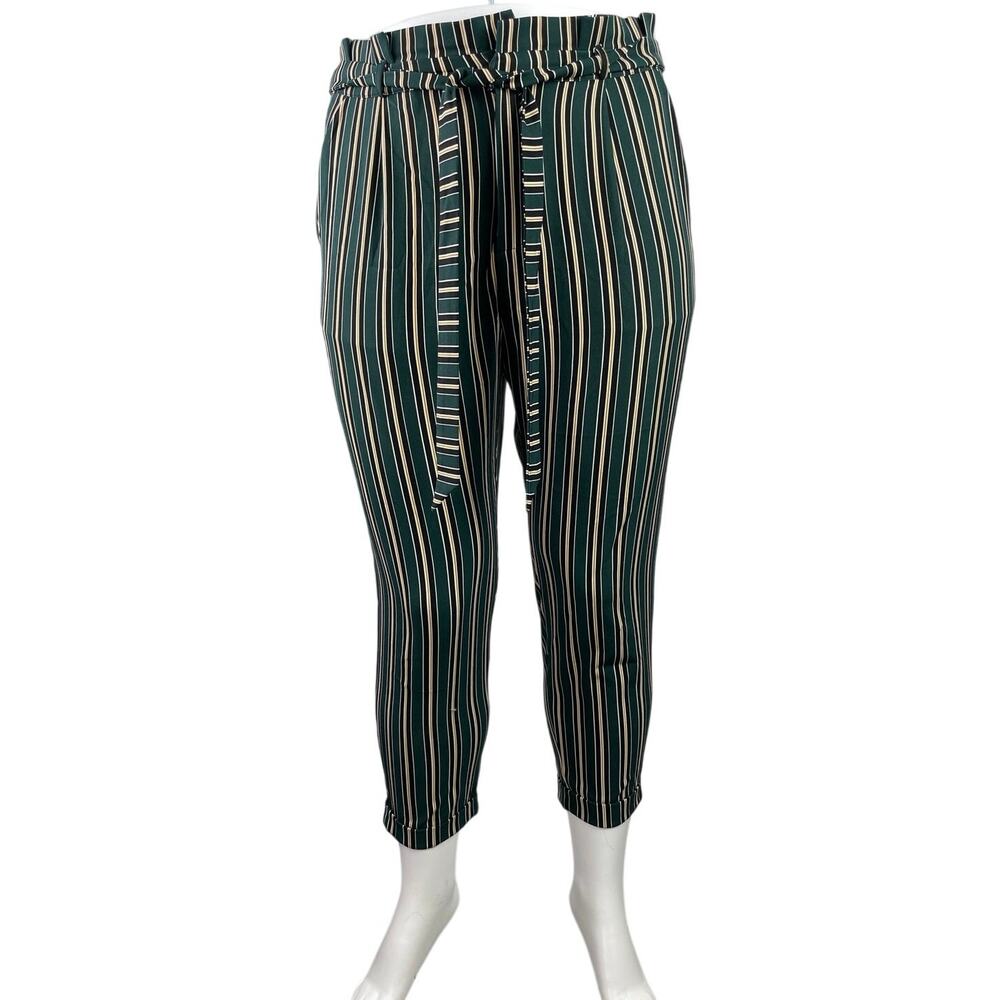 Pull & Bear Green Striped High Waisted Skinny Leg Paper Bag Trousers Pants Sz XL